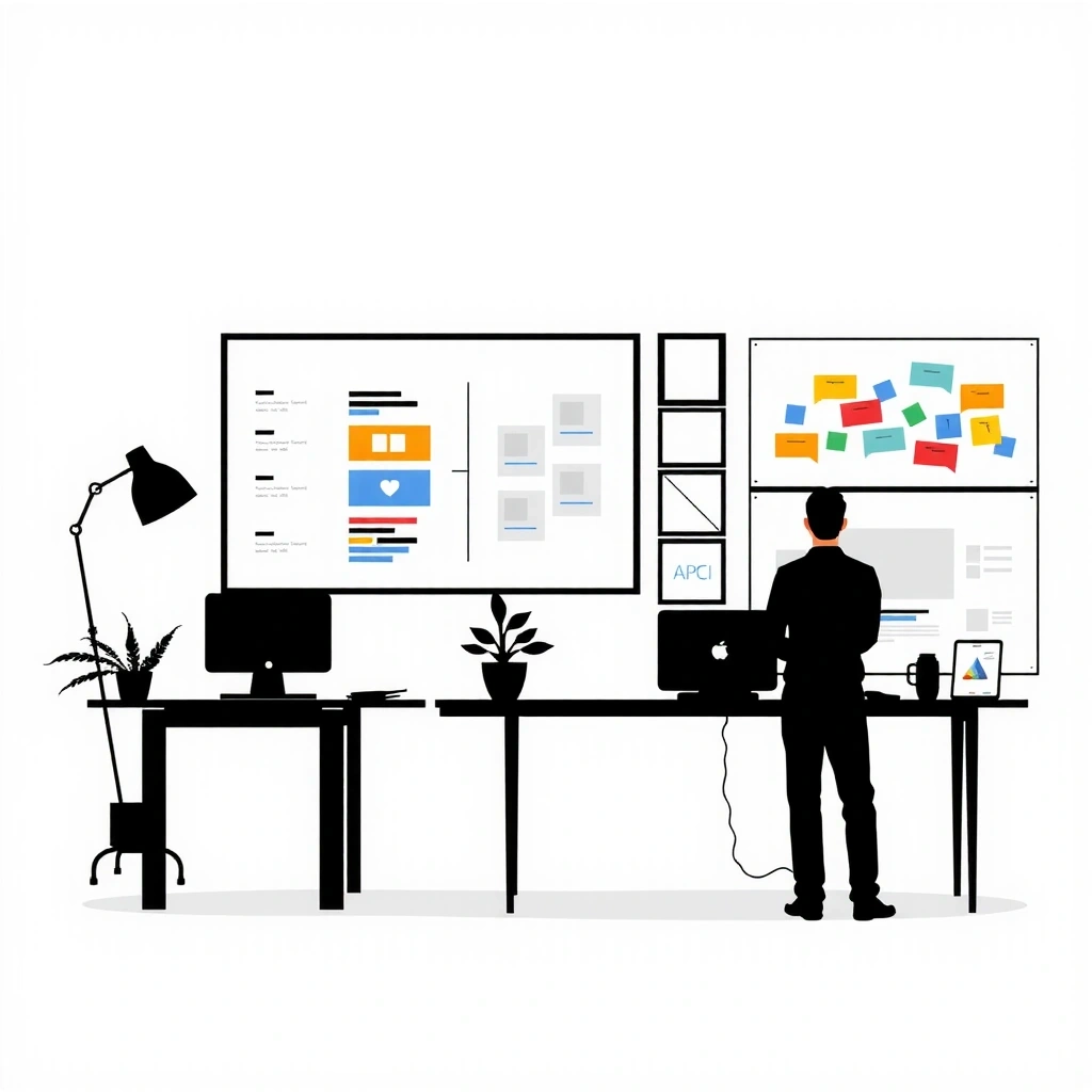 UX/UI design studio workspace with design process elements